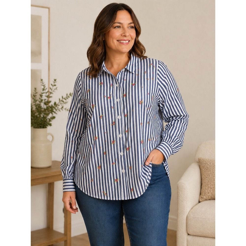 Woman Within Button Down Shirt Womens 14/16 Blue White Striped Floral Embroidery